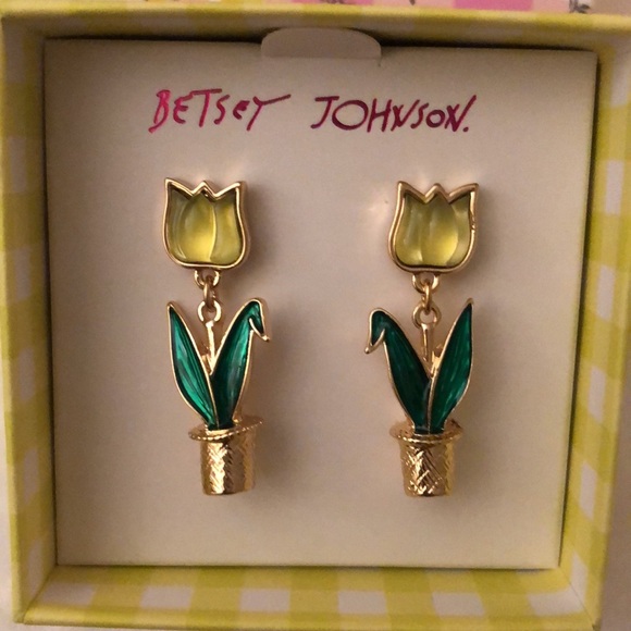 Betsey Johnson Gold Tone Yellow Resin Tulip Drop Earrings NIB - Picture 3 of 10